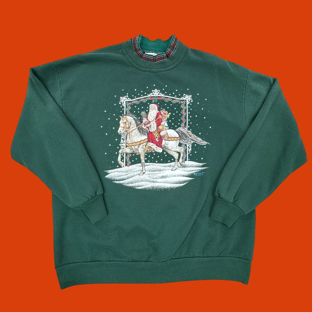 Vintage Green Christmas Santa Horse Mock Neck Sweatshirt L/XL Grandma Core 90s